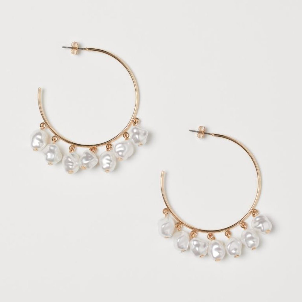 H&M Gold Colored Hoop Earrings with Dangling Faux Pearls